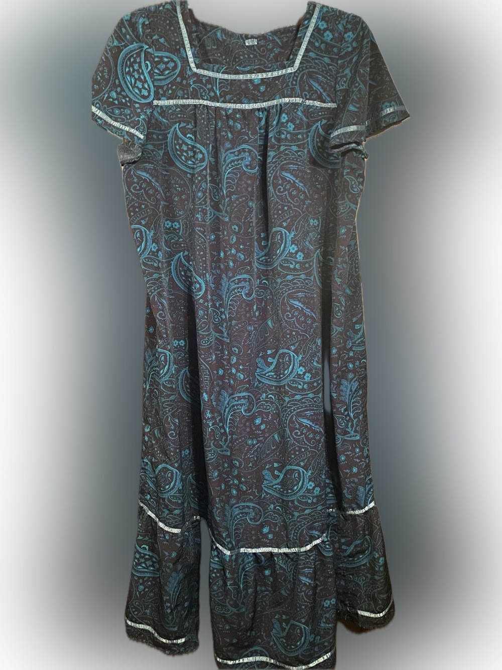 Women’s Vintage Teal Paisley Square-Neck Mu Mu Lounge House Dress